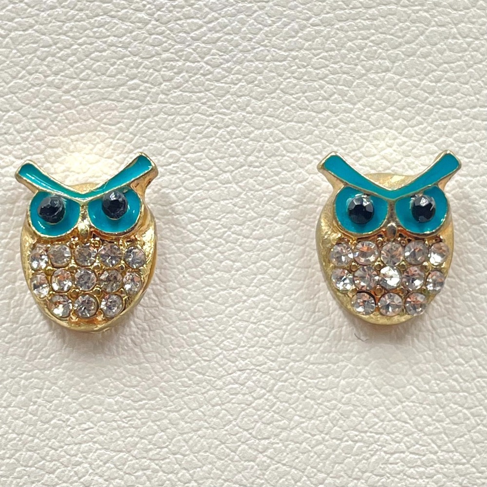 Vintage Y2K Gold Tone Rhinestone Teal Enamel Owl Stud Earrings Boho Novelty Gift